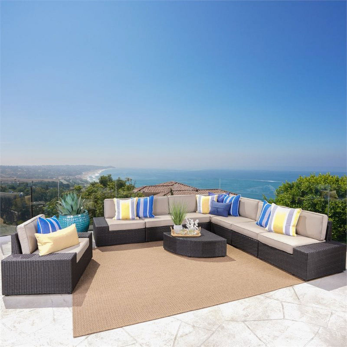 9 Piece Outdoor Wicker Sectional Sofa Set in Dark Brown W30174