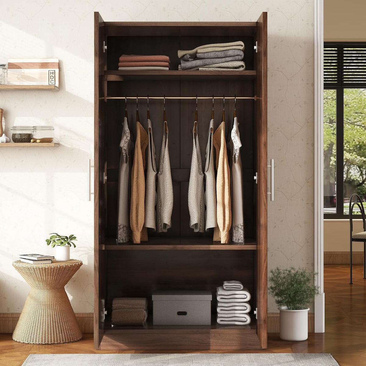 2-Door Wooden Wardrobe Armoire with 3 Storage Shelves U9548