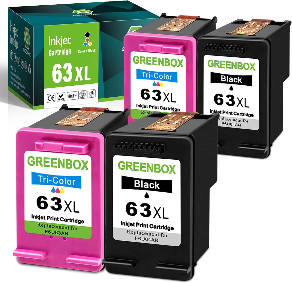 Remanufactured Ink Cartridge 63 for HP Printer (2 Black 2 Tri-Color) A5357