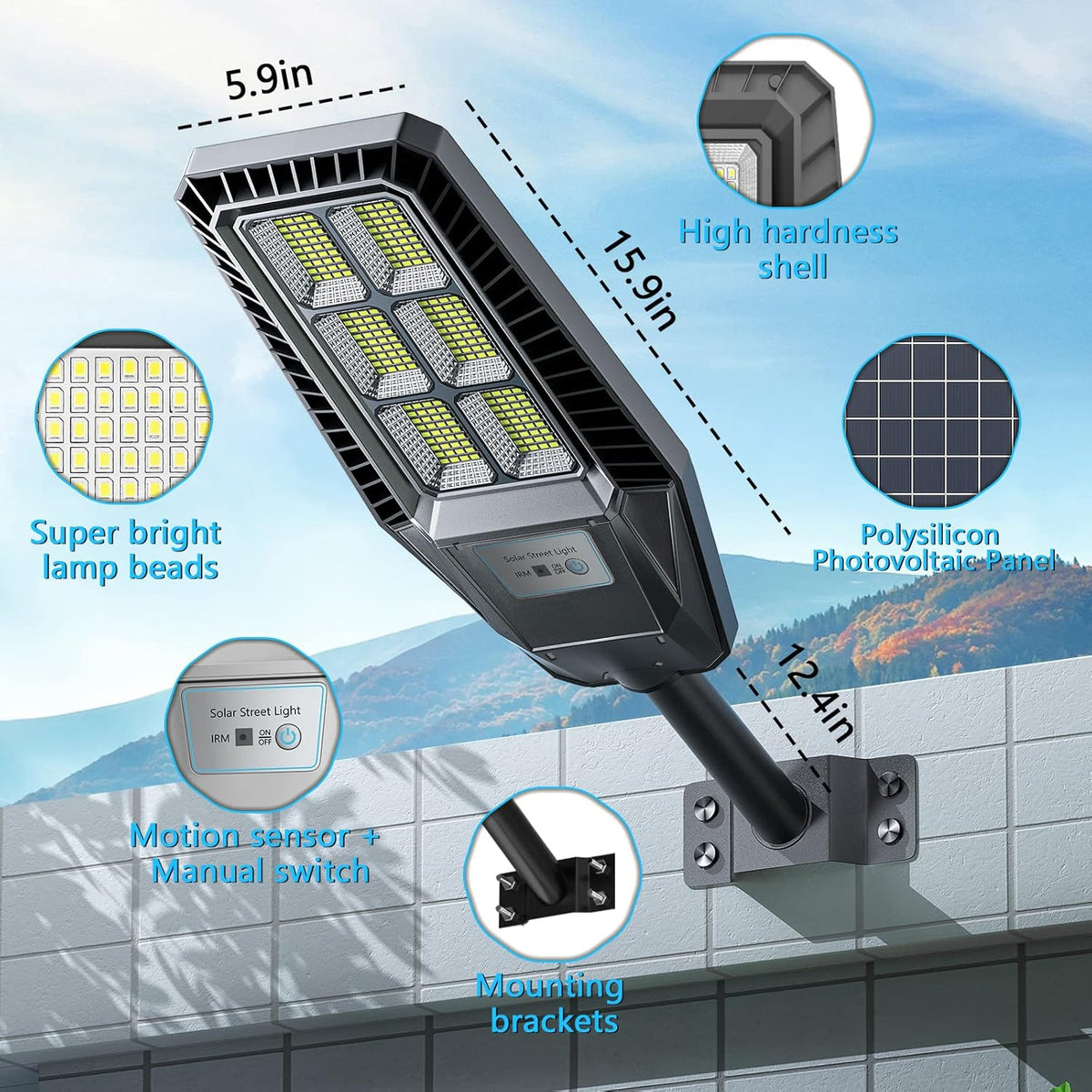 300W 2Packs LED Solar Street Lights IP66 Waterproof 30000LM 6500K Dusk to Dawn with Motion Sensor and Remote Control D4844