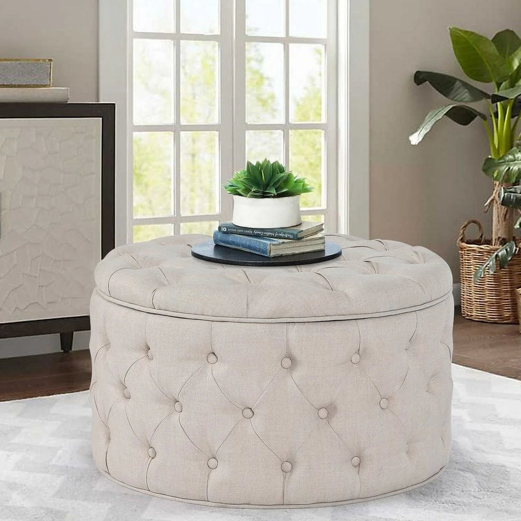 Round Storage Ottoman Linen Fabric D40579