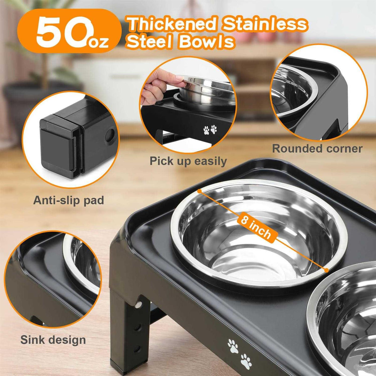 4 Height Adjustable Raised Dog Bowls with 2 Stainless Steel Bowls H992