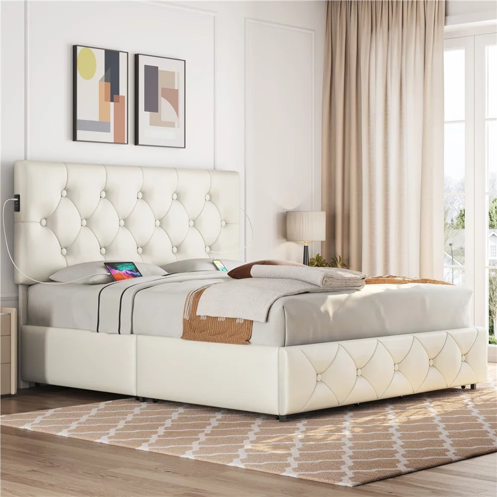 Beige Upholstered Queen Bed with 4 Storage Drawers M98287
