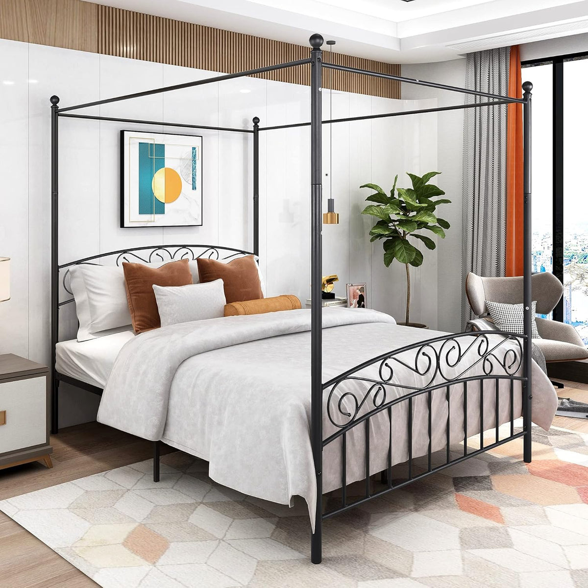 Queen Size Metal Canopy Bed with Headboard M2794