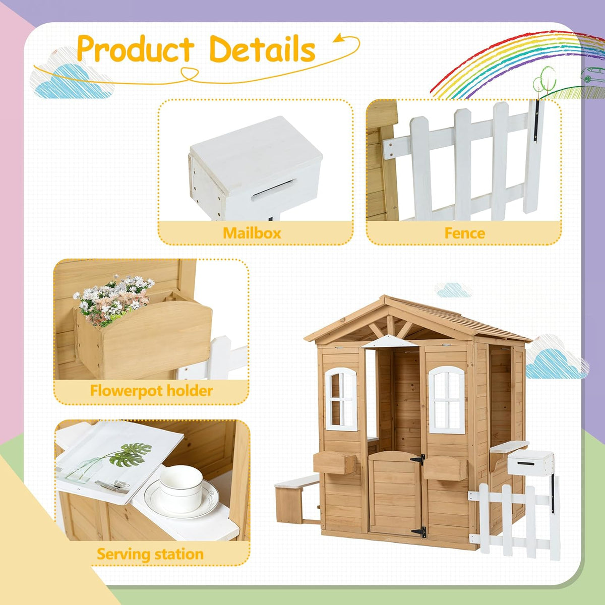 Wooden Playhouse with Door, Windows, Mailbox, Bench, Flowers Pot Holder, 39" x 38" x 55.5" Q183896
