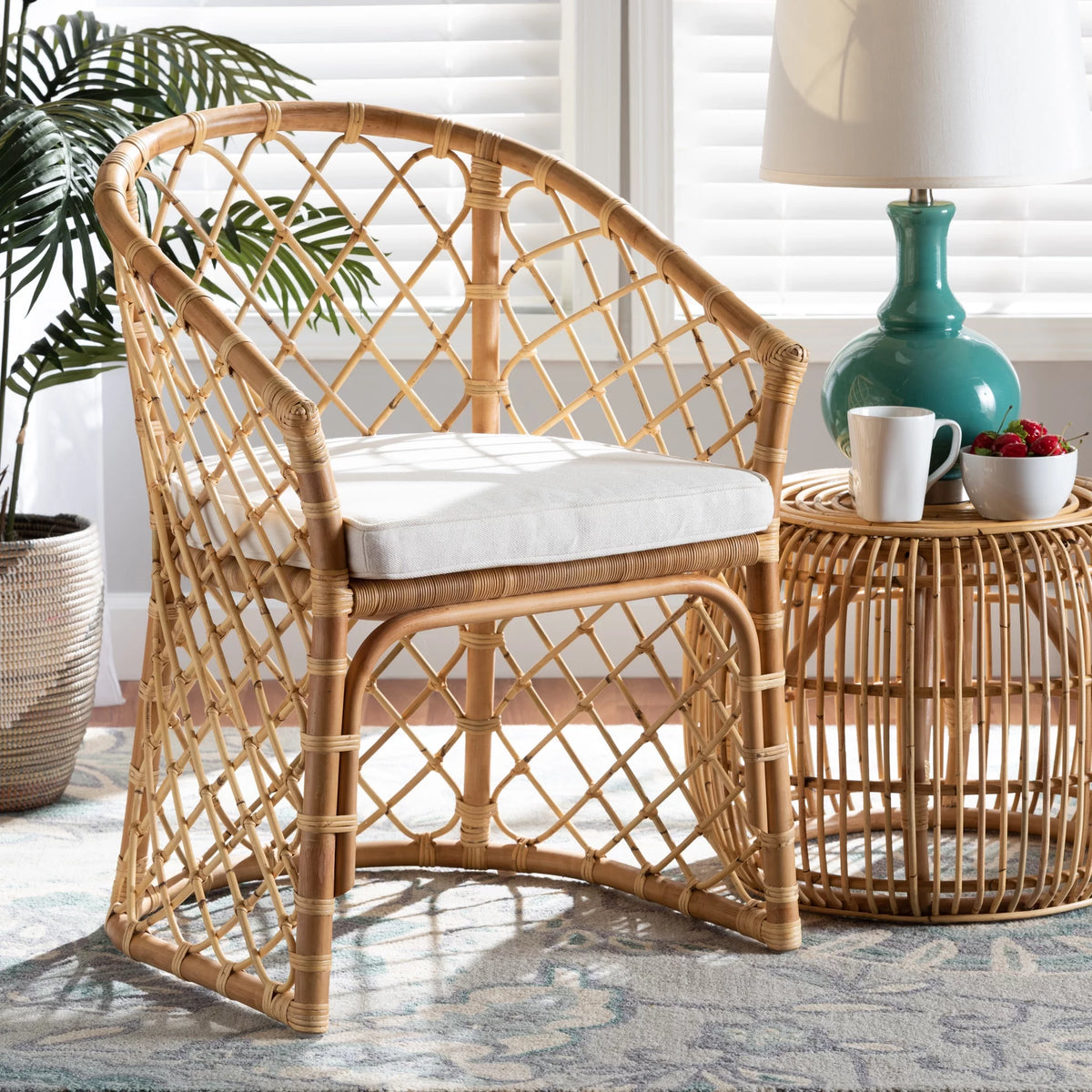 White Fabric Upholstered Natural Brown Rattan Dining Chair I4038