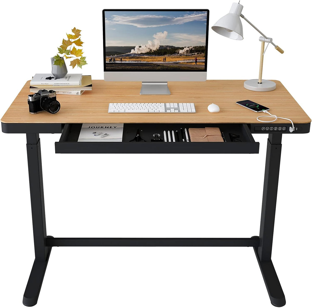 Electric Height Adjustable Standing Desk with Drawers 48 Inches Red Oak Desktop White Frame Q12258