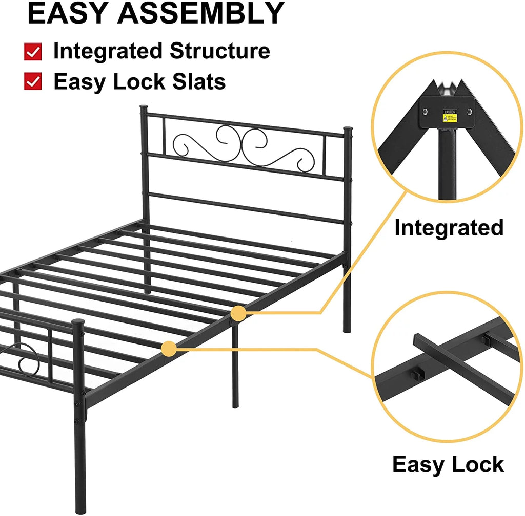 Twin Size Black Metal Platform Bed Frame with Headboard L6534