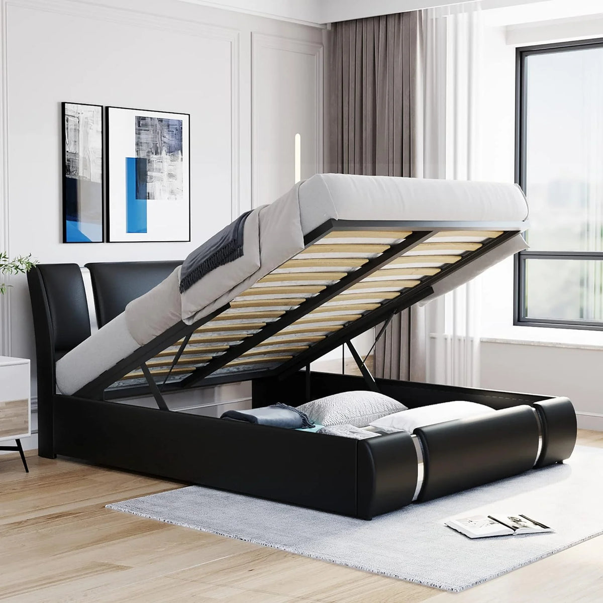 Queen Size Upholstered Faux Leather Platform Bed with Storage I382