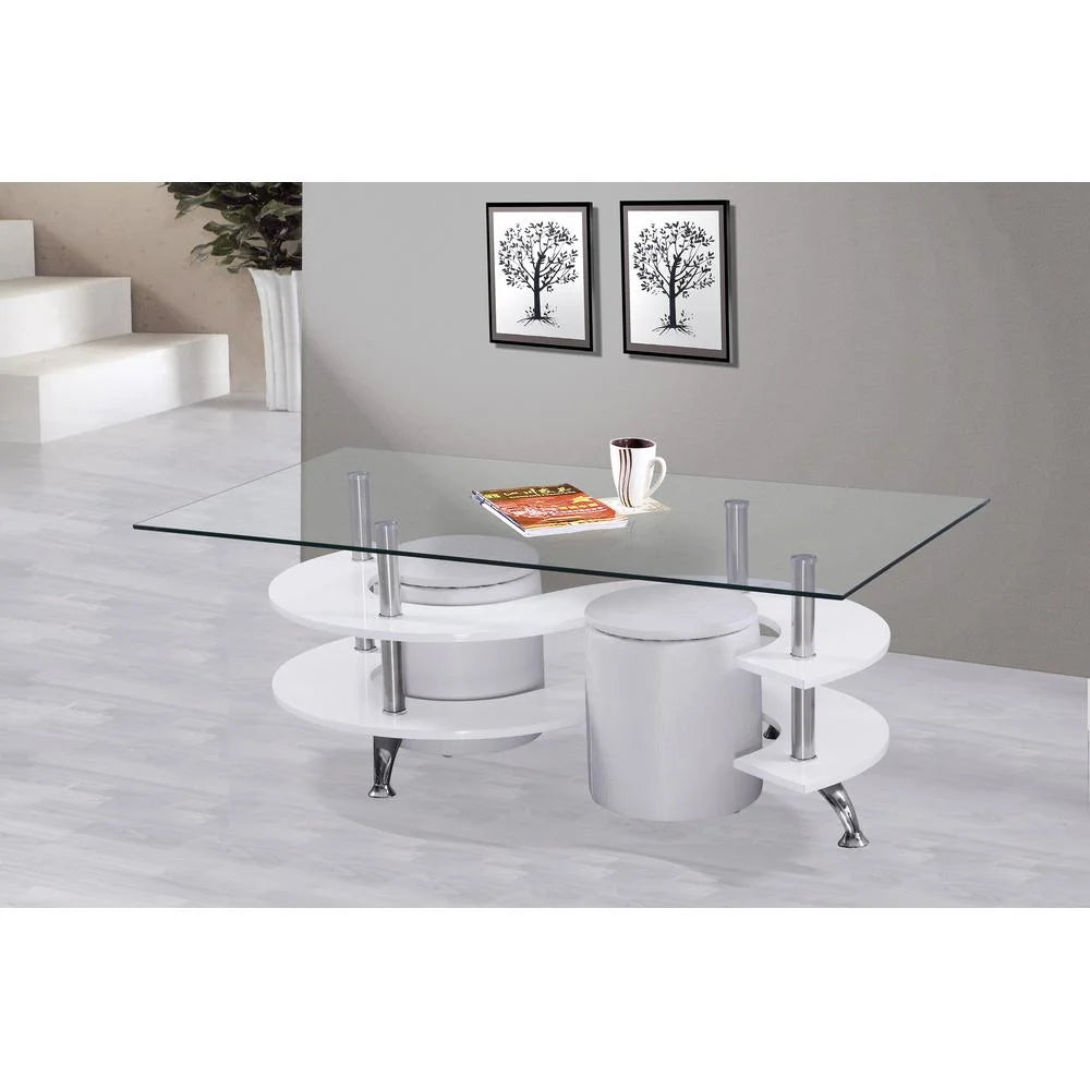 White High Gloss Lacquer Coffee Table with Glass Top and Faux Leather Stools P872006