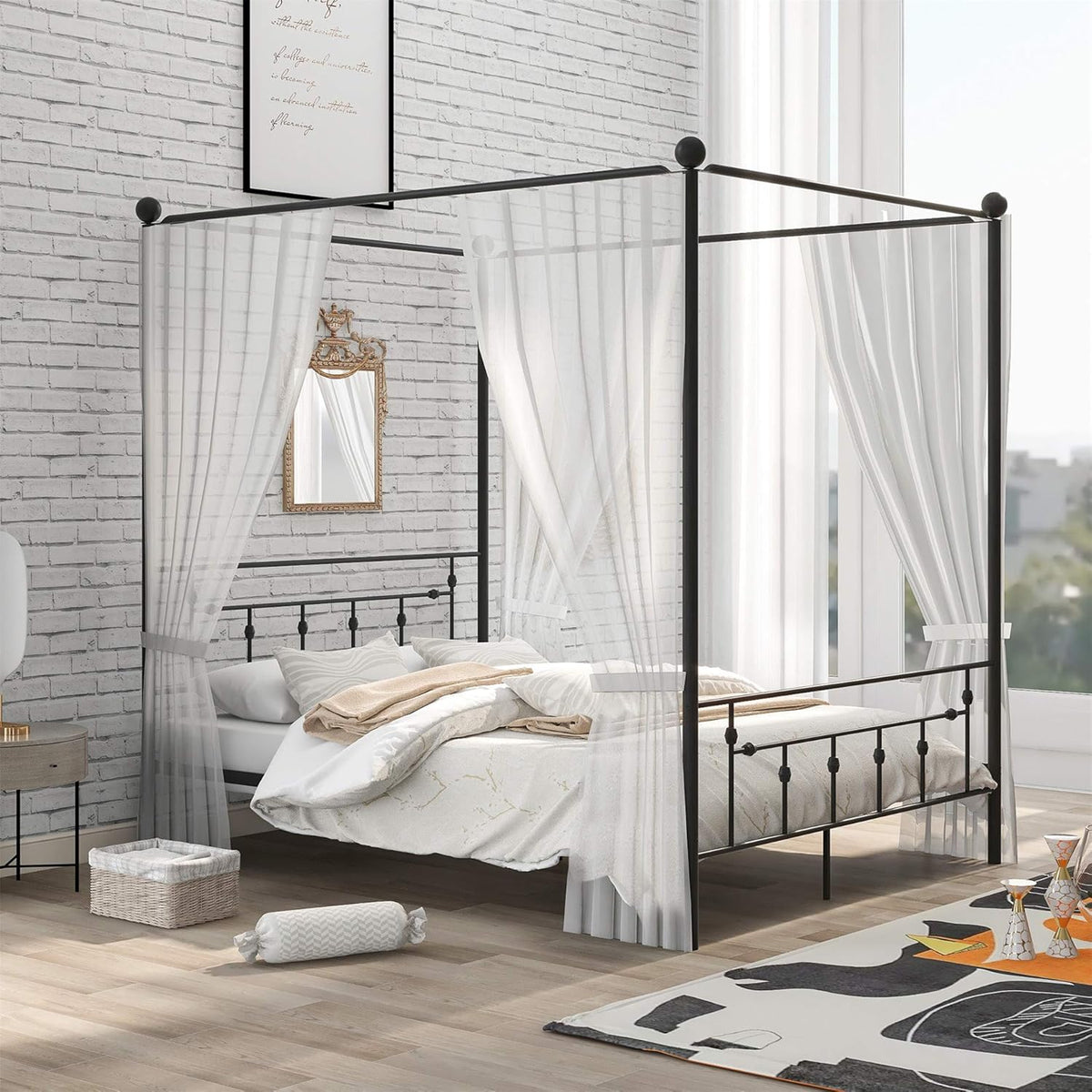 Queen Size Metal Canopy Bed with Headboard M2794