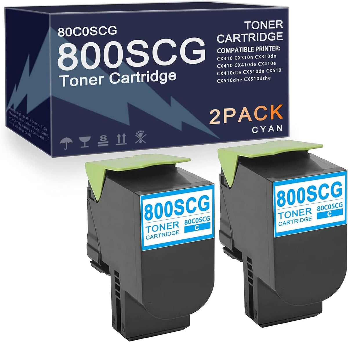 2 Pack Cyan Toner Cartridge for Lexmark CX410e CX310 CX510 V8577