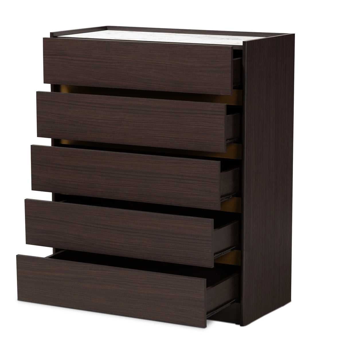 Dark Brown and Gold 5-Drawer Wood Chest with Faux Marble Top S10372