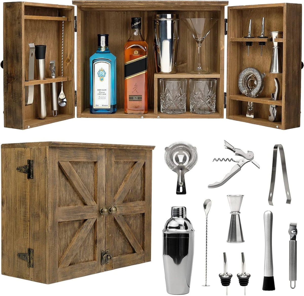 Rustic Brown Barndoor Bartender Cabinet with 12 Piece Bar Tool Set E8072