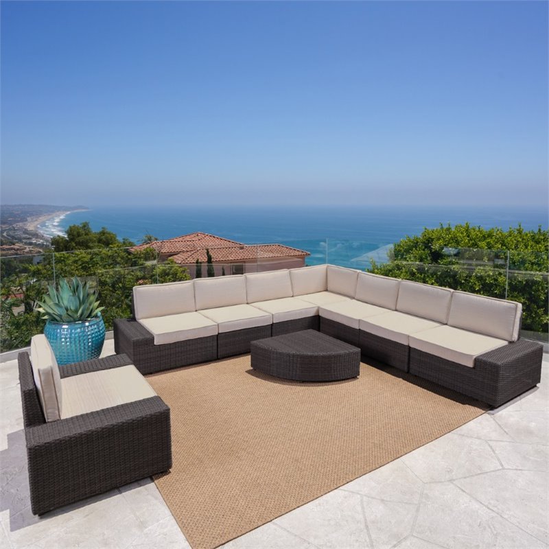 9 Piece Outdoor Wicker Sectional Sofa Set in Dark Brown W30174