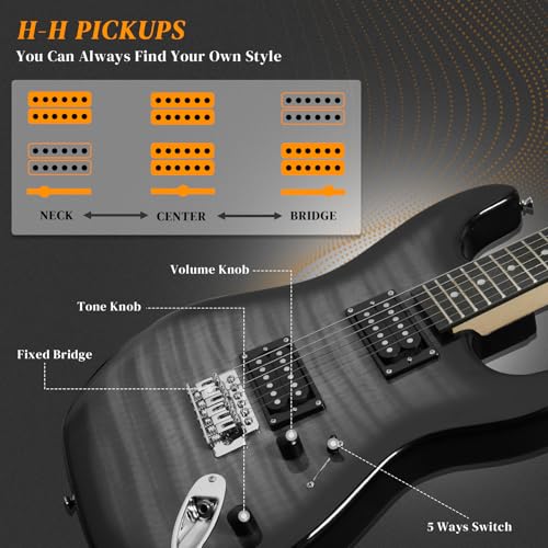 39 Inch H-H Pickups Electric Guitar Set with 20W Amplifier, Bag, Strap, Cable, Accessories D716