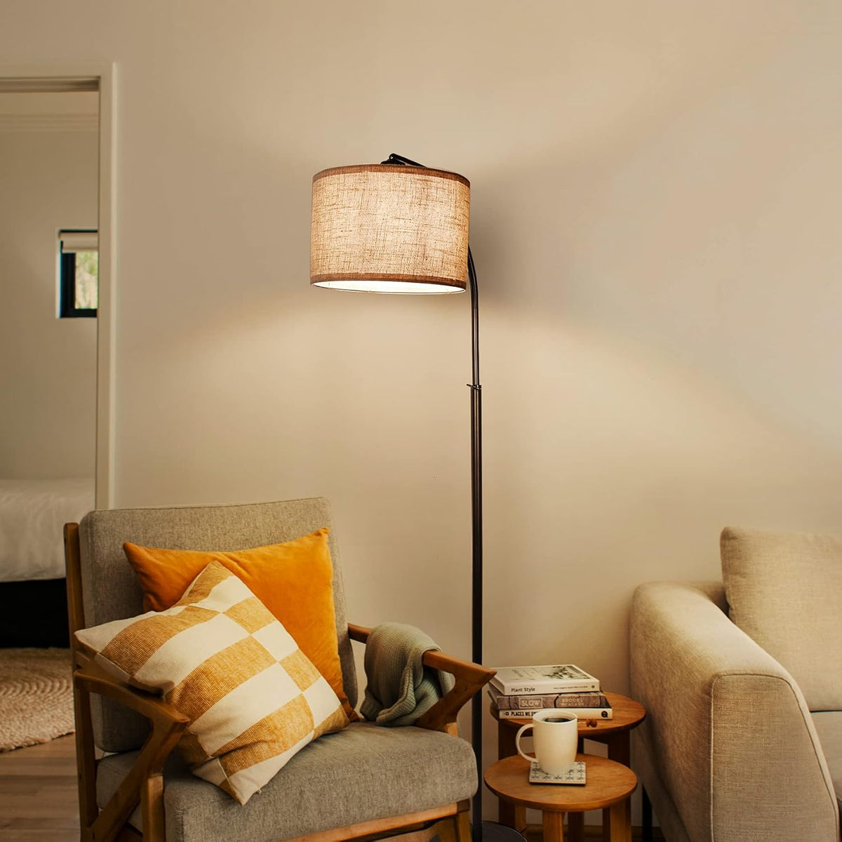 Arc Floor Lamp with Linen Drum Shade C390077