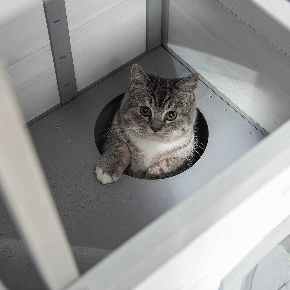 Wooden 2-Story Outdoor Cat House with Escape Door and Openable Roof Platforms F8894