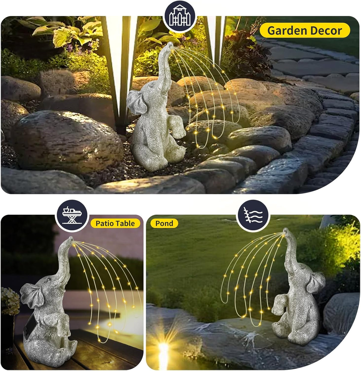 Outdoor Elephant Statue with LED Solar Lights H8208