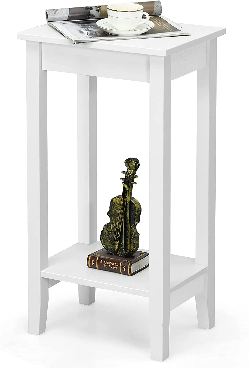 2-Tier End Table with Shelf and Wooden Legs, White V2753