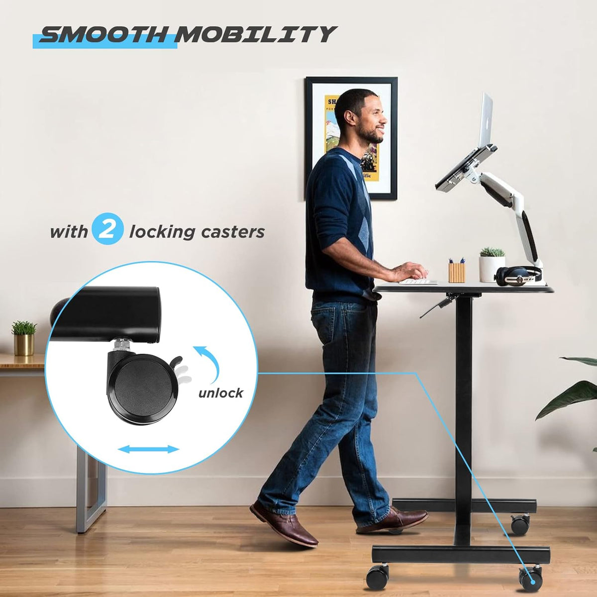 Rolling Laptop Desk with Locking Casters, Adjustable Height, Black M46500