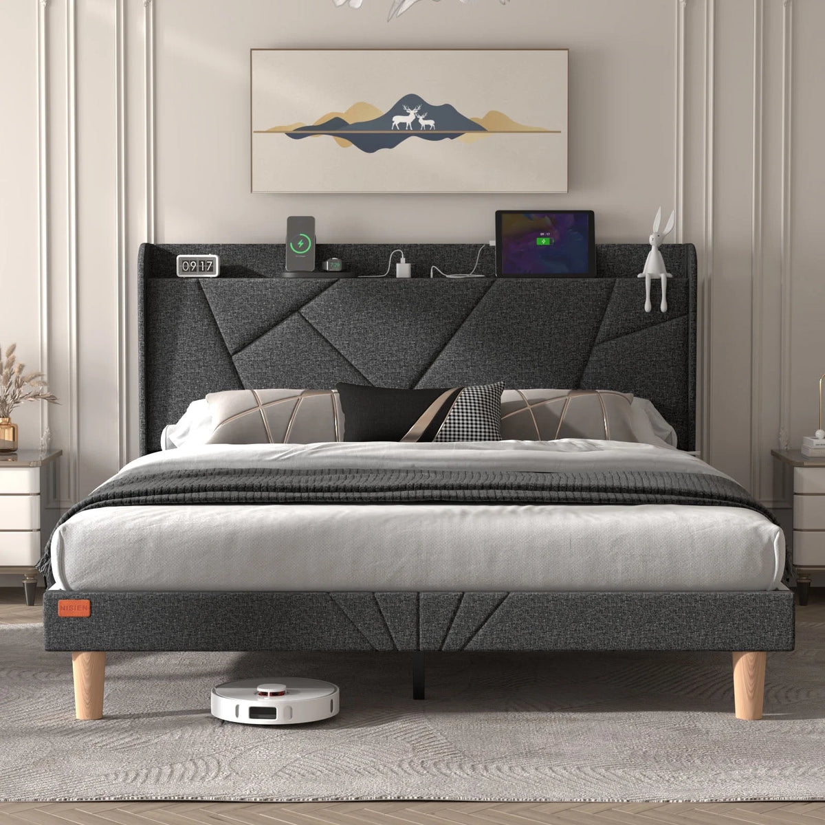 Queen Upholstered Platform Bed Frame with Wingback Storage Headboard E492420