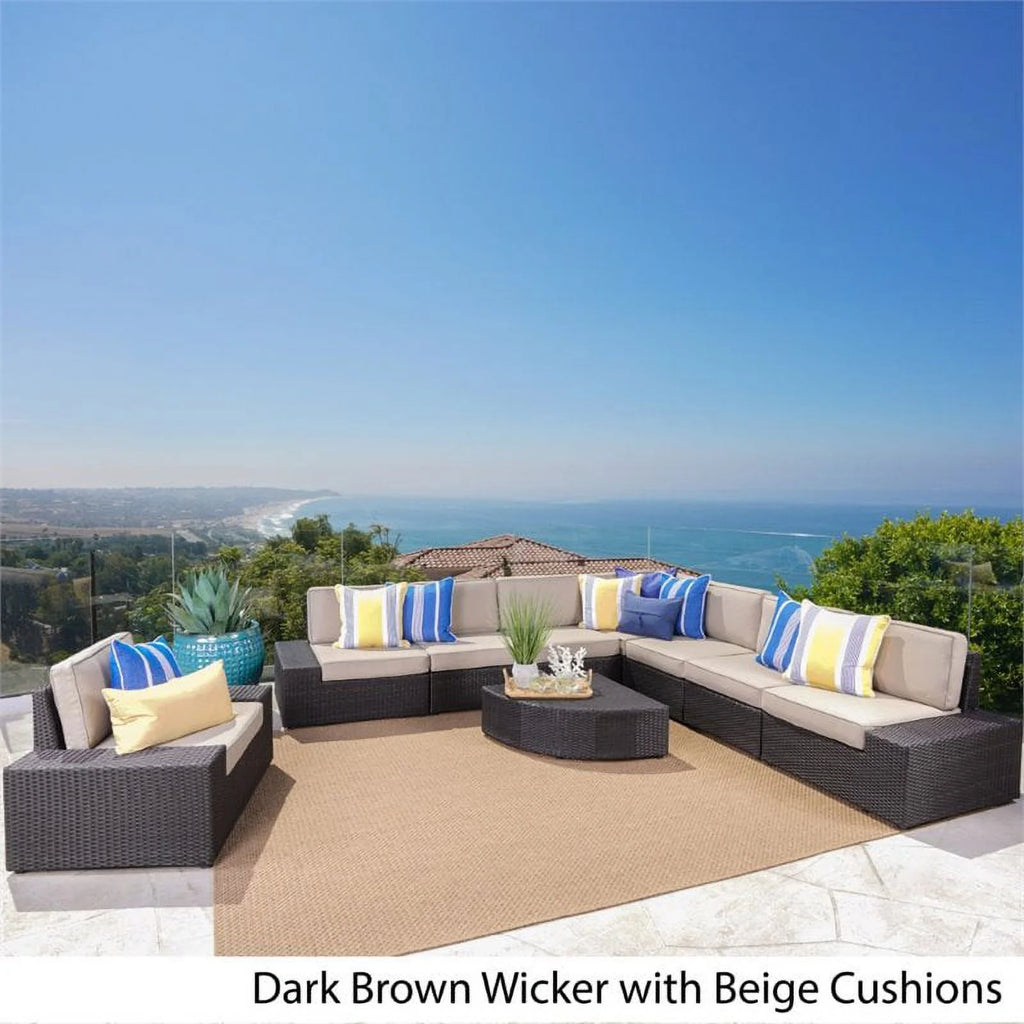 9 Piece Outdoor Wicker Sectional Sofa Set in Dark Brown W30174