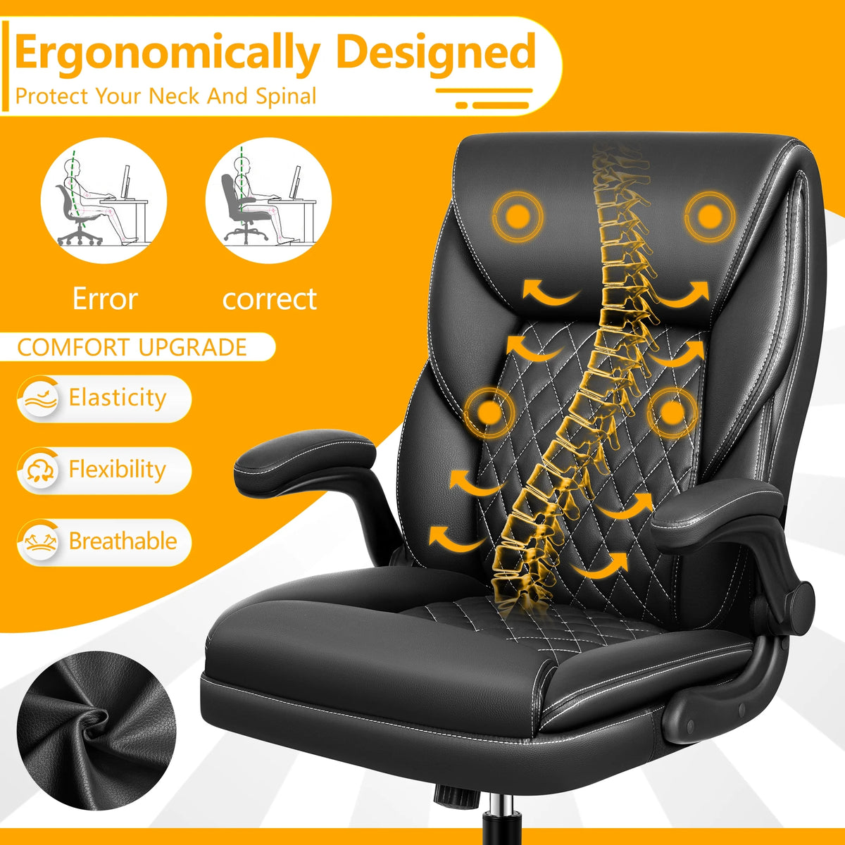 Executive Leather Ergonomic Office Chair with Flip-Up Arms F8532