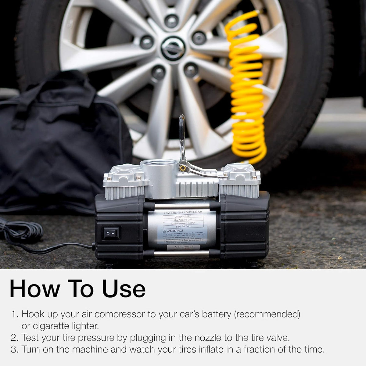 12V 150 PSI Portable Double Cylinder Air Compressor Tire Inflator E54967