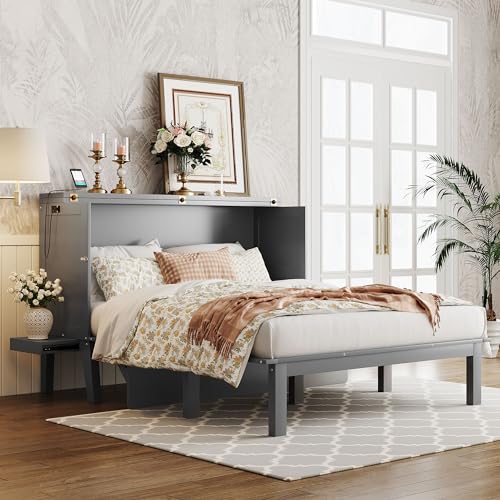 White Queen Size Wooden Murphy Bed with USB Port and 2 Removable Desk Z514