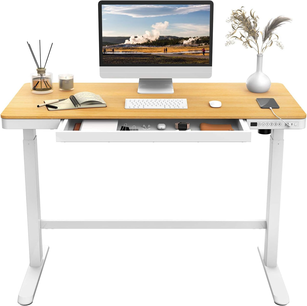 Electric Height Adjustable Standing Desk with Drawers 48 Inches Red Oak Desktop White Frame Q12258