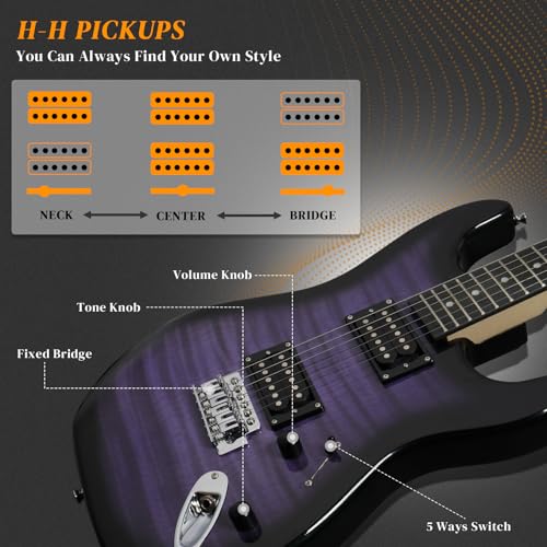 39 Inch H-H Pickups Electric Guitar Set with 20W Amplifier, Bag, Strap, Cable, Accessories D716