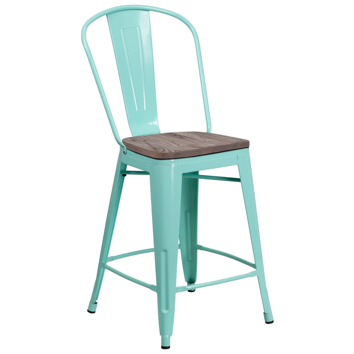 Mint Green Metal Counter Height Stool with Wood Seat H93403