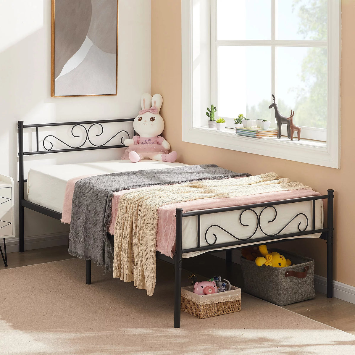 Twin Size Black Metal Platform Bed Frame with Headboard L6534