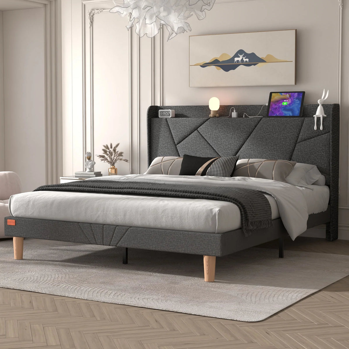 Queen Upholstered Platform Bed Frame with Wingback Storage Headboard E492420