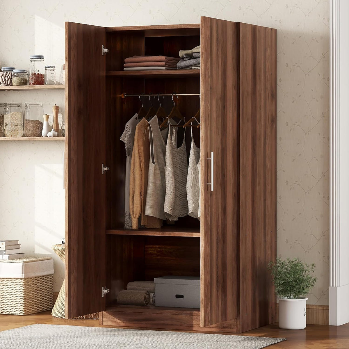 2-Door Wooden Wardrobe Armoire with 3 Storage Shelves U9548
