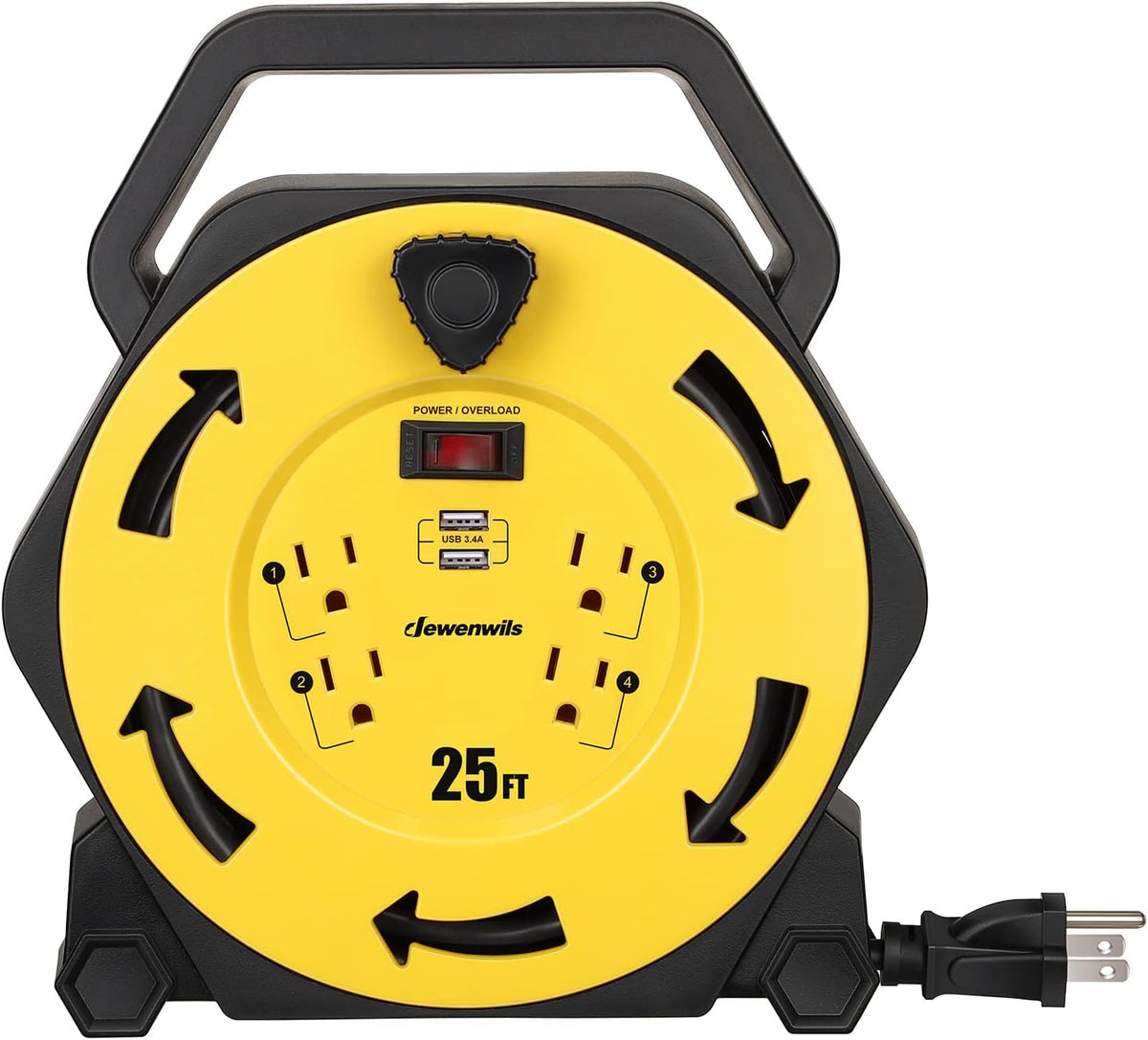 25FT Retractable Extension Cord Reel with 4 Outlets and 2 USB Ports T609