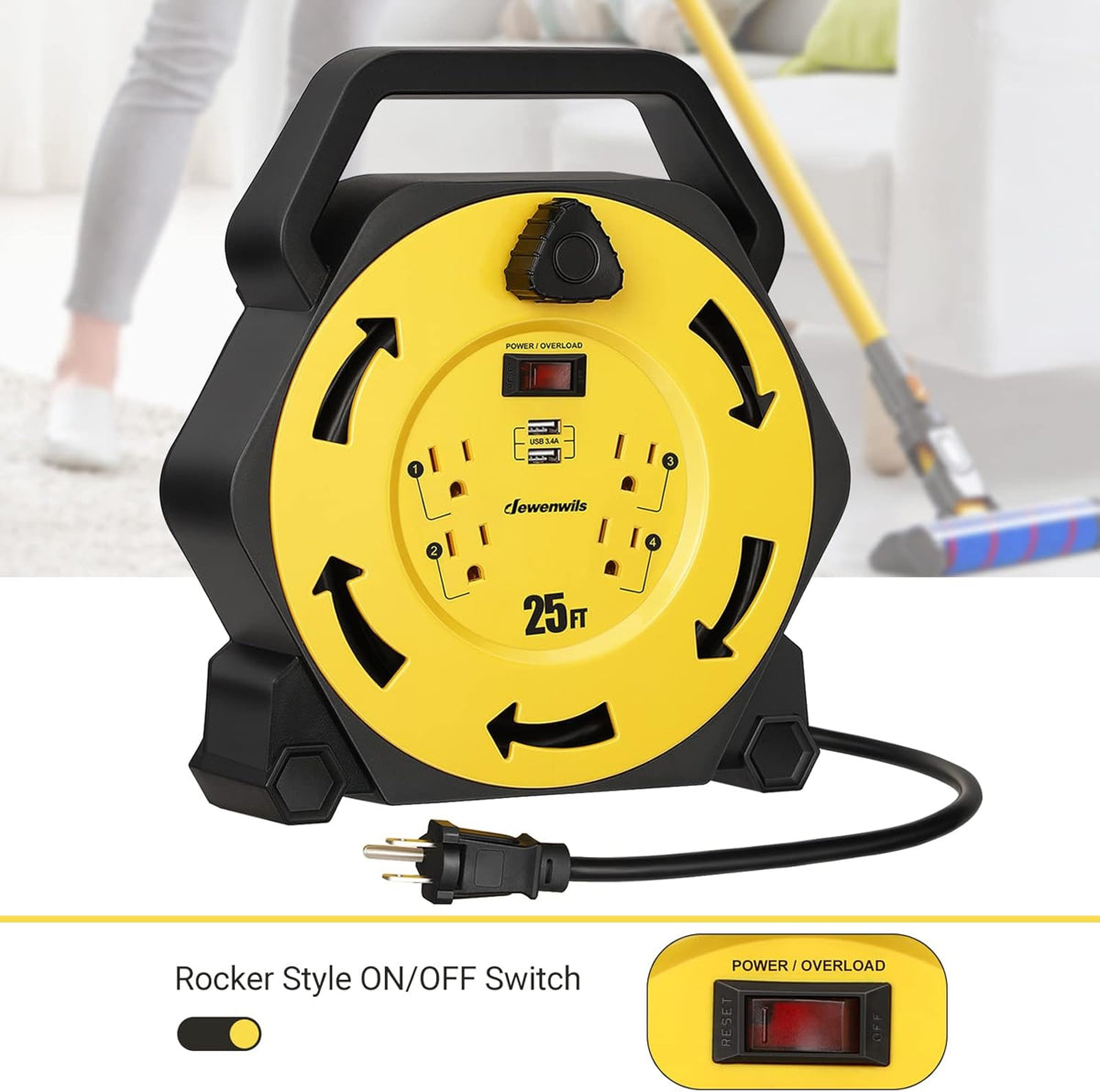 25FT Retractable Extension Cord Reel with 4 Outlets and 2 USB Ports T609