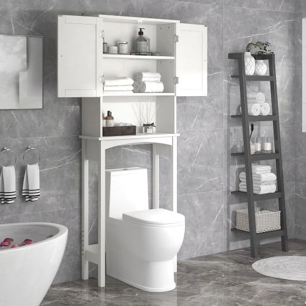 White Over-The-Toilet Bathroom Cabinet with Shelf and Two Doors P1044