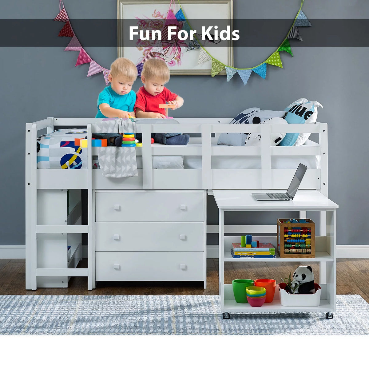 White Twin Size Low Loft Bed with Desk and Storage O8446