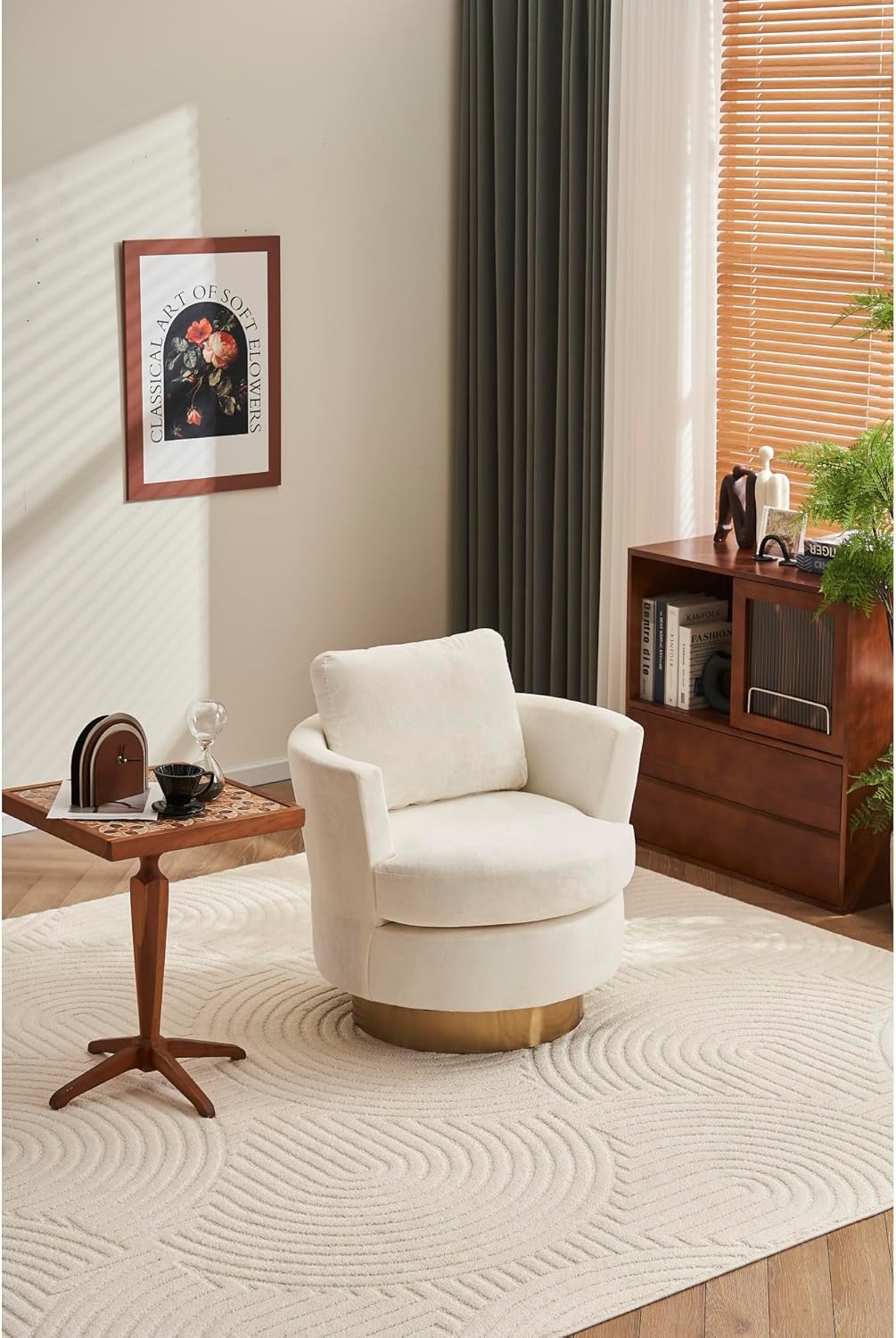 Beige Velvet Swivel Barrel Chair with Gold Stainless Steel Base Y20248