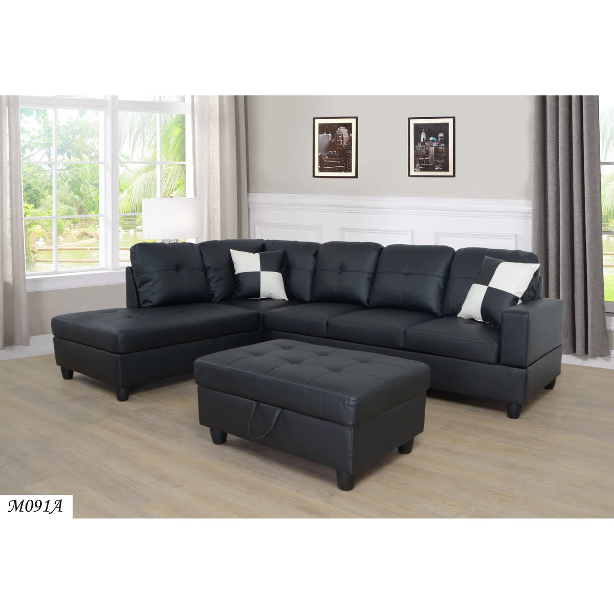 Black Faux Leather 3 Pc Sectional Sofa Set J829