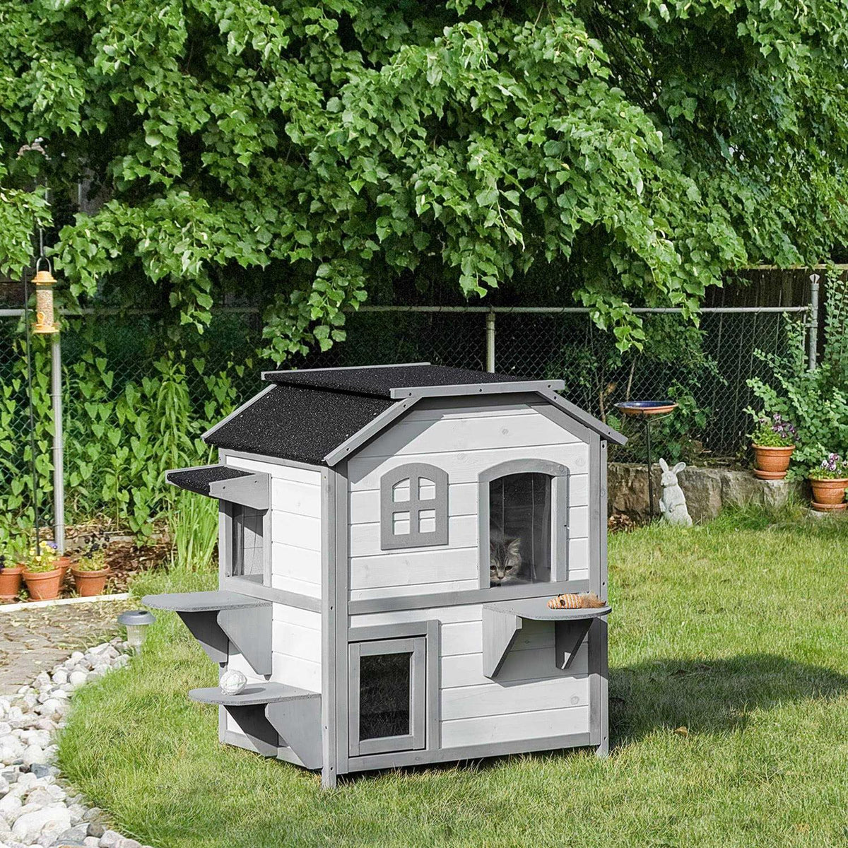 Wooden 2-Story Outdoor Cat House with Escape Door and Openable Roof Platforms F8894