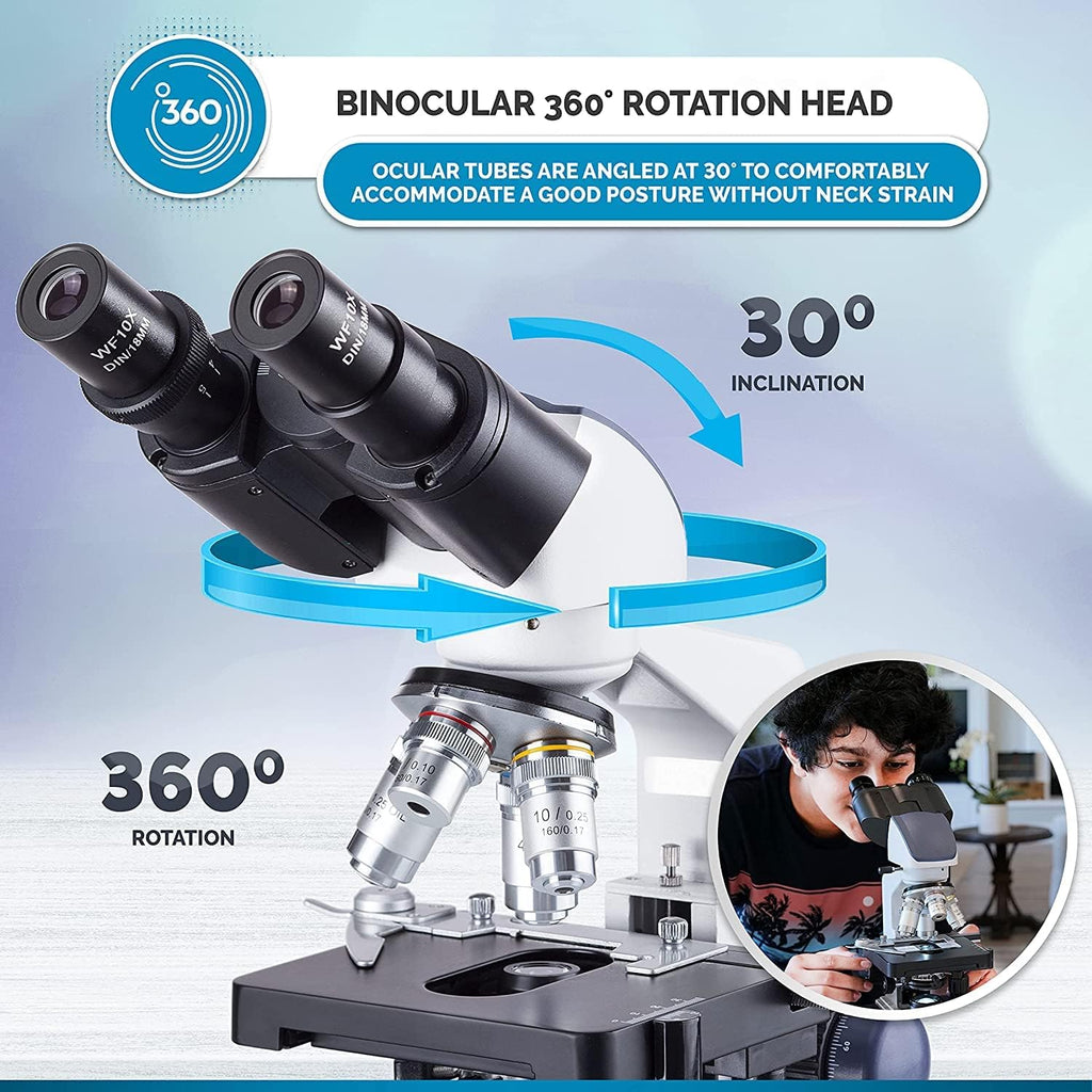 Binocular Compound Microscope, 40X-2500X Magnification, LED Illumination, Abbe Condenser, Two-Layer Mechanical Stage, 1.3MP Camera H460