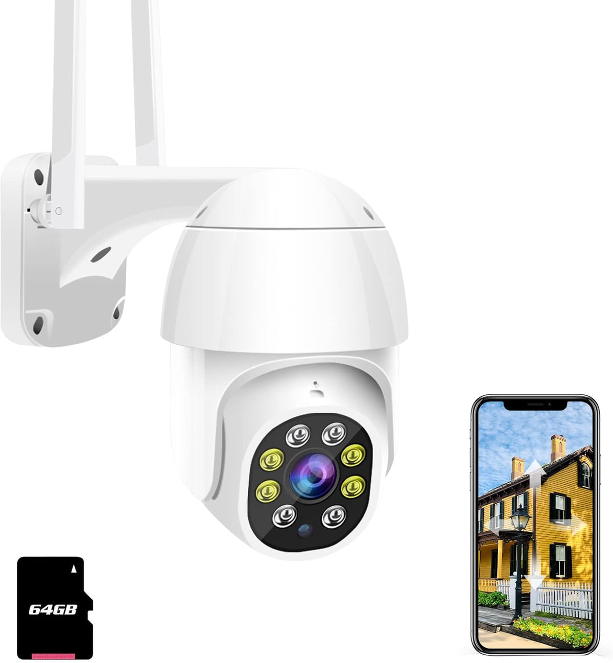 Solar Camera Outdoor Wireless PTZ Security 15600 mAh HD Color Night Vision 2-Way Audio 360 Degree View SD Cloud Storage + 64GB TF Card K745
