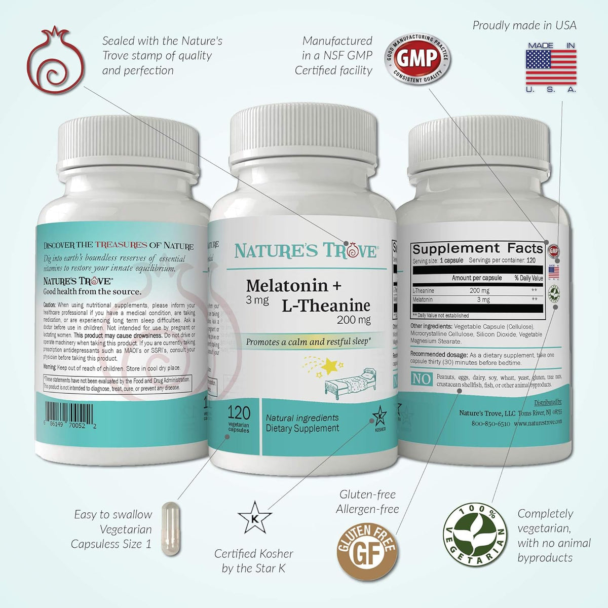 Melatonin 3mg + L Theanine 200mg 120 Kosher Vegetarian Capsules J801011