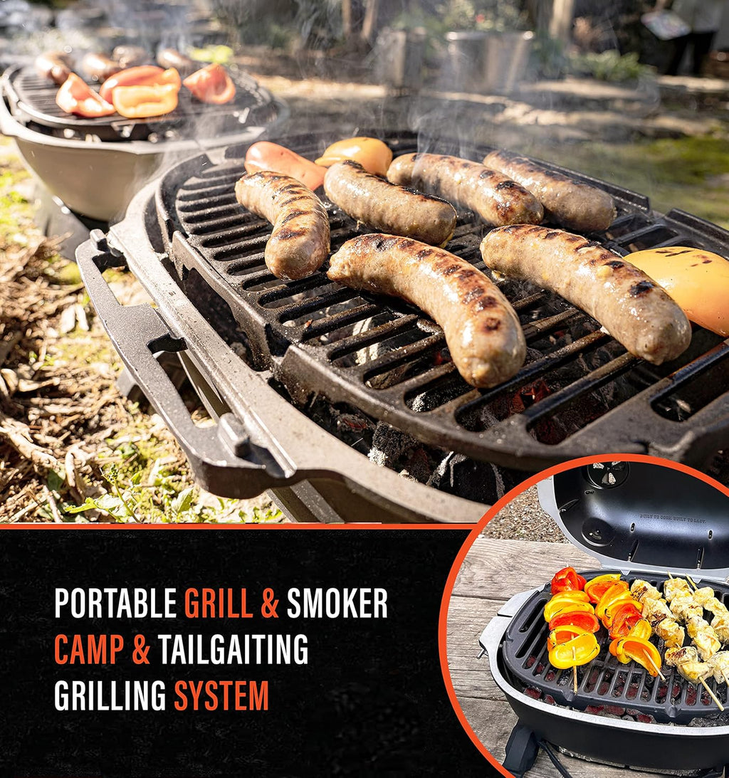 Portable Charcoal BBQ Grill and Smoker with Lid, Cast Iron Aluminum Outdoor Cooking Mini Barbecue Grills, Grey R7259
