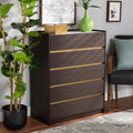 Dark Brown and Gold 5-Drawer Wood Chest with Faux Marble Top S10372