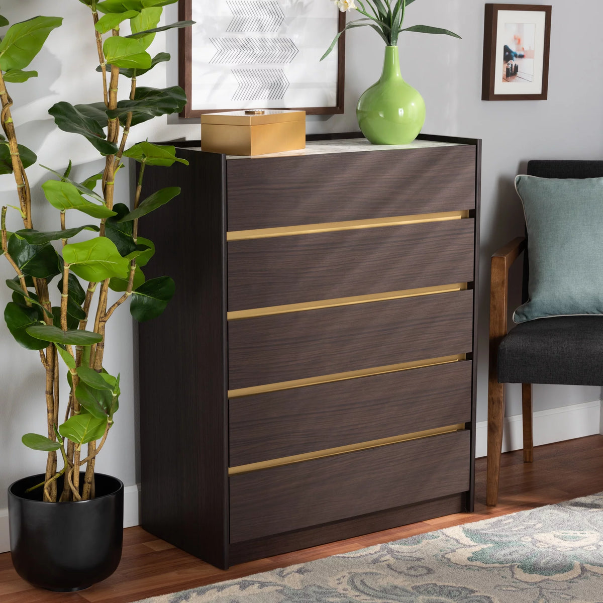 Dark Brown and Gold 5-Drawer Wood Chest with Faux Marble Top S10372