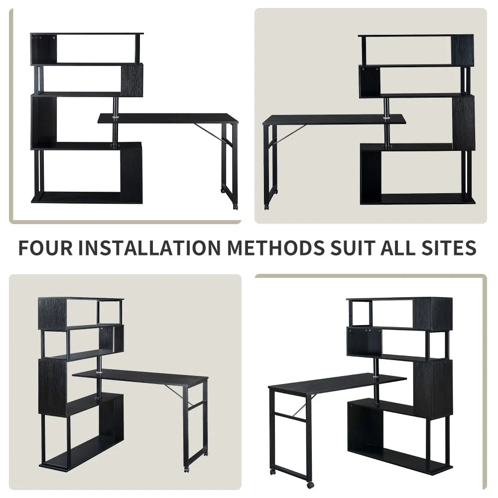 L-Shaped Corner Computer Desk with 5-Tier Bookshelf Black D79773